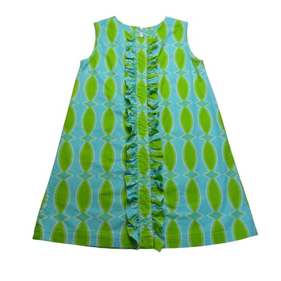 ANVY KIDS Girl's Blue & Green Retro Mod Ruffle Front Paula Shift Dress Size 7 - Picture 1 of 7